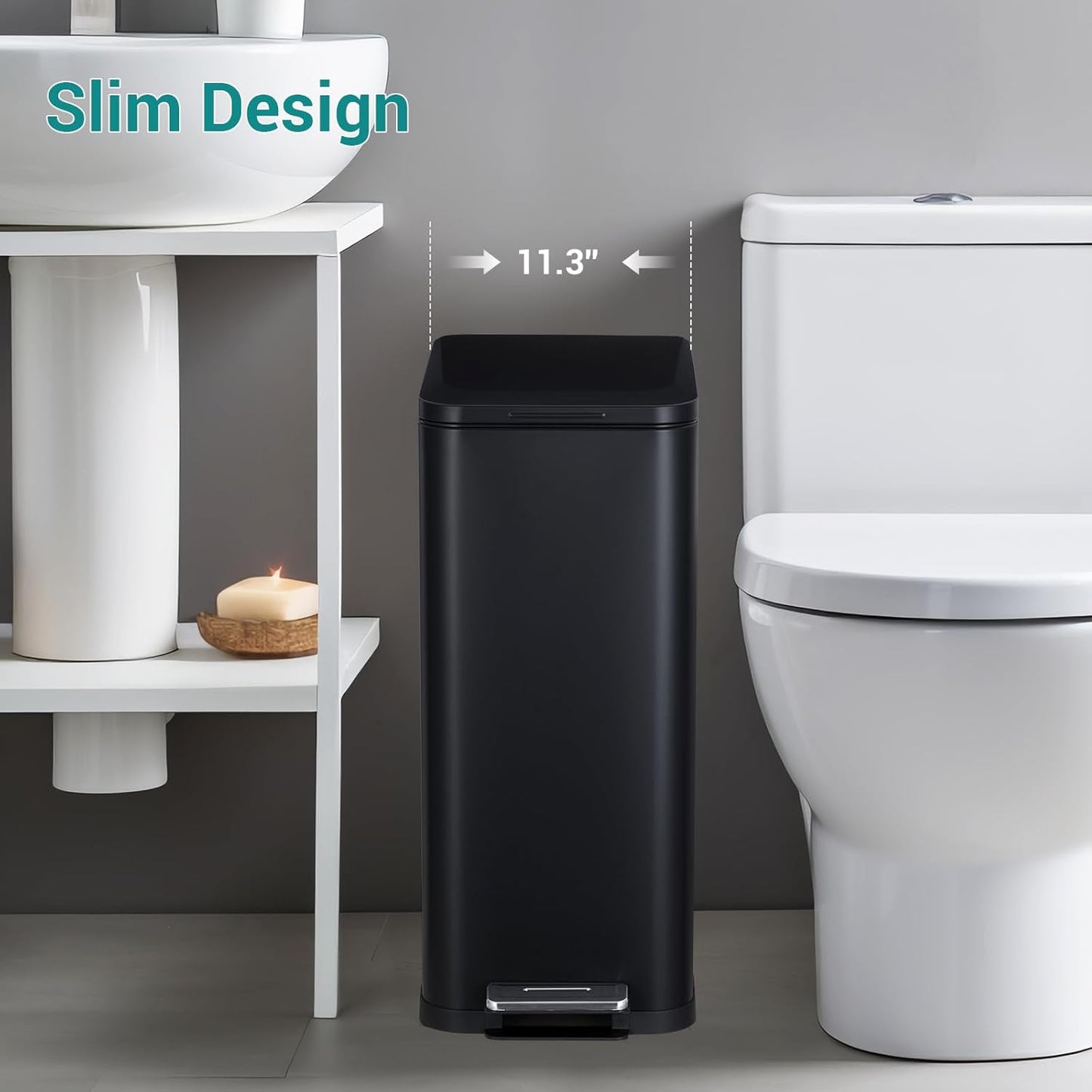 13.2 Gallon / 50L Kitchen Trash Can, Slim Stainless Steel Garbage Can with Removable Inner Bucket, Fingerprint-Proof Step Rubbish Bin with Soft-Close Lid for Narrow Space, Black