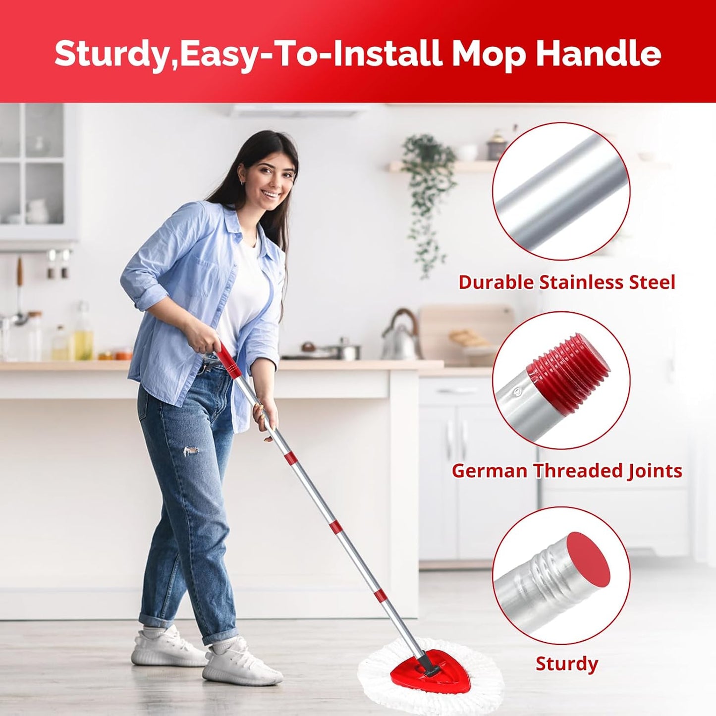 Spin Mop Head, Base, Handle Replacement for O-Ceda EasyWring 1 Tank System,4 Microfiber Mop Refills, 1 Base and 30-58in Handl Set Combo (White 1 Tank System)