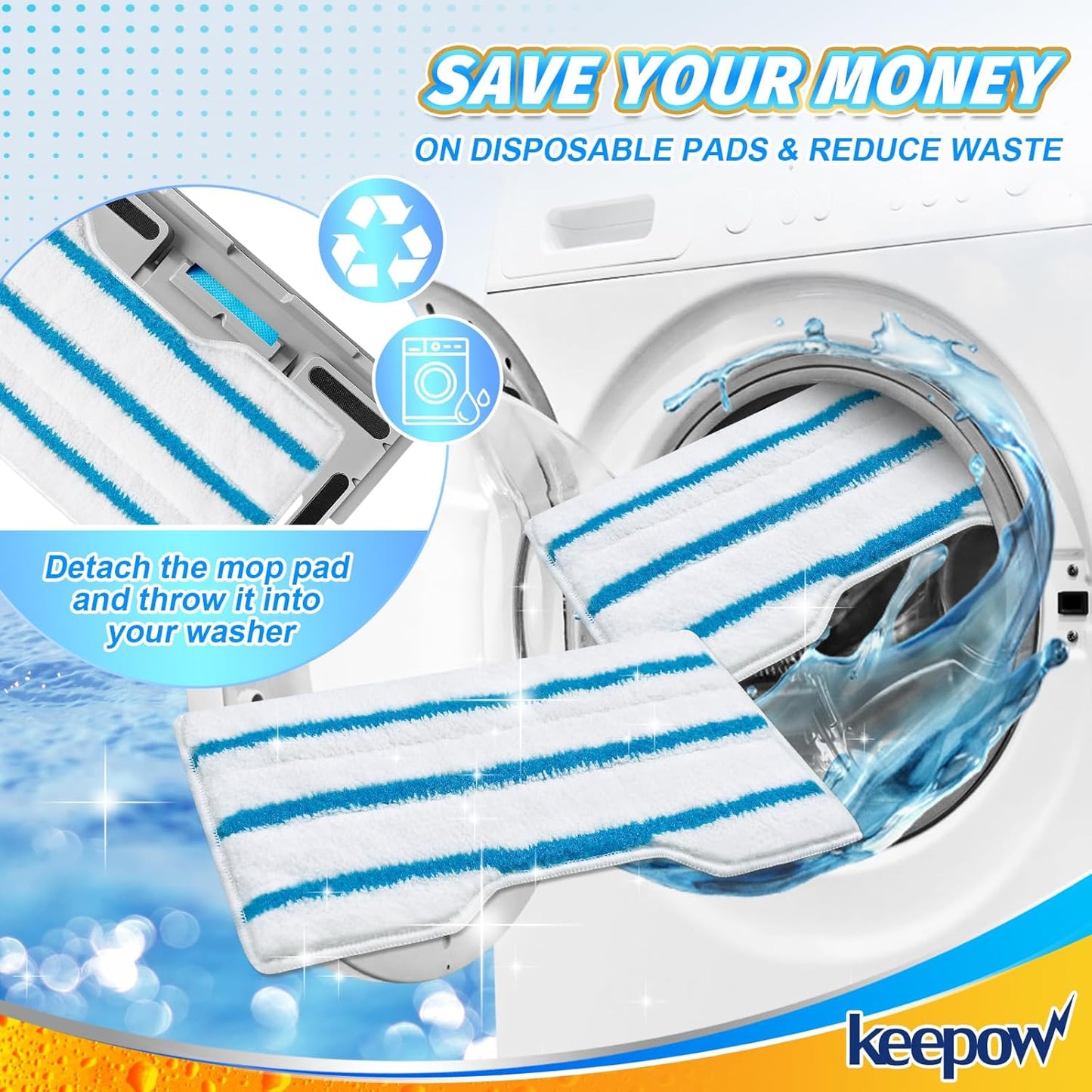 KEEPOW Reusable Mop Replacement Pads, Mop Pads Refills Compatible with Shark Vac Mop VM252 VM200 VC205 VM250 /QM250 VM190 VM200P12, Hardwood Floor Mop Pad with Upgraded Dirt Chamber (1+2+3 Pads)