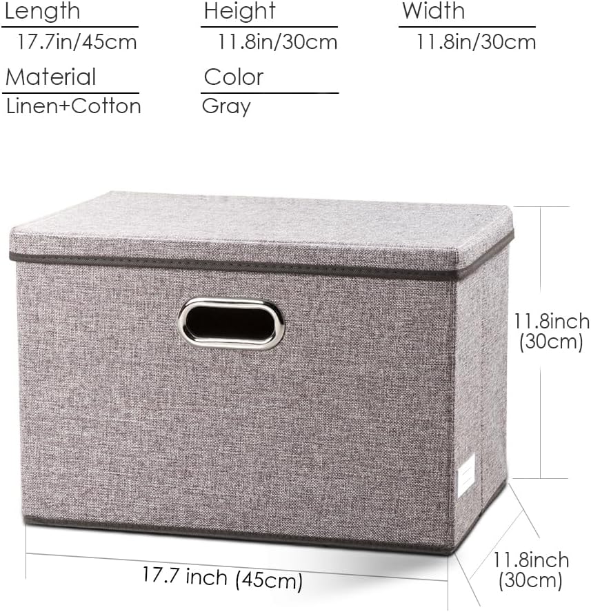 PRANDOM Large Collapsible Storage Bins with Lids [3-Pack] Linen/Cotton Blend Foldable Storage Boxes Organizer Containers Baskets Cube with Cover for Home Bedroom Closet Office Nursery(17.7x11.8x11.8)