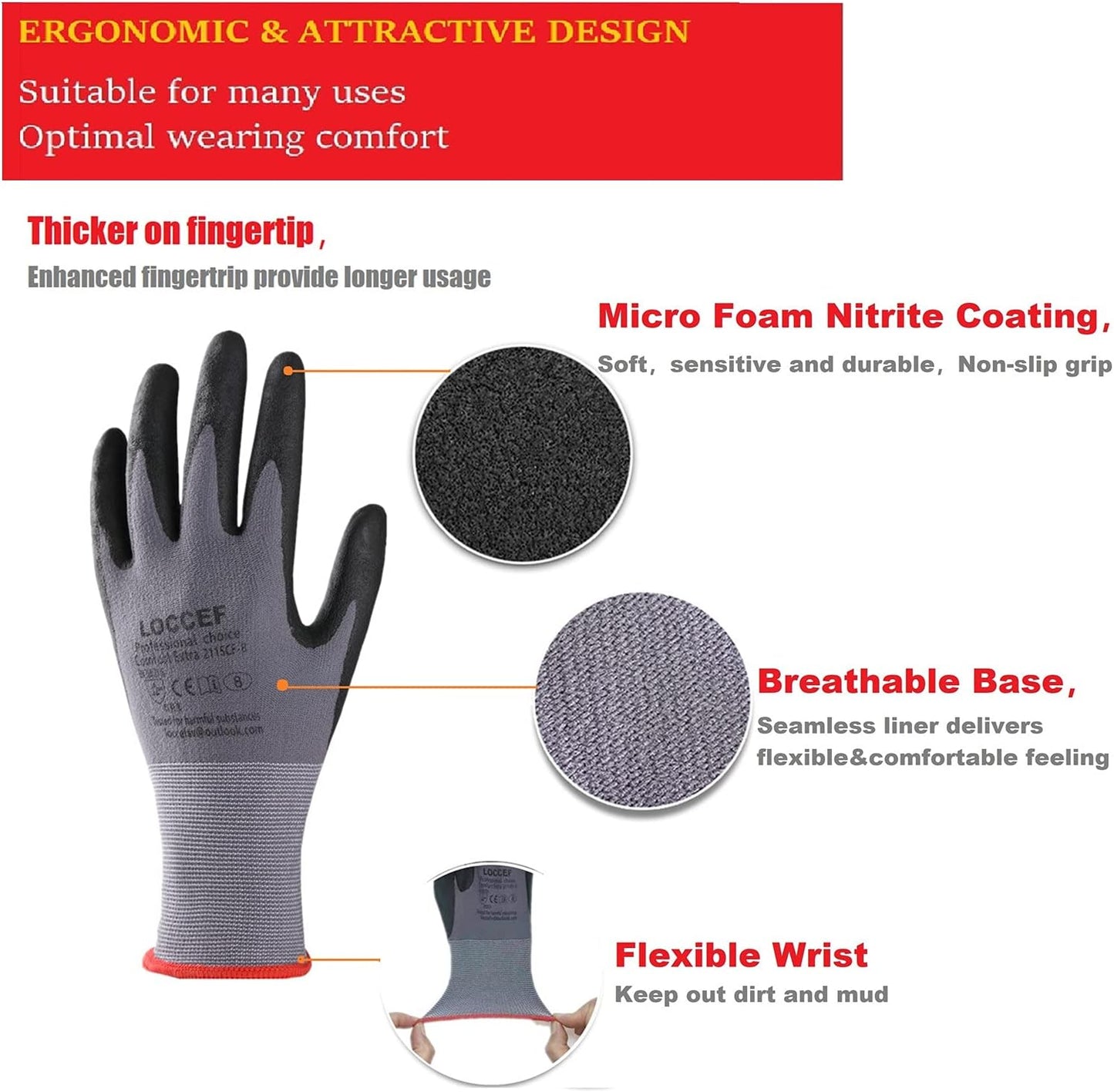 LOCCEF Safety Work Gloves MicroFoam Nitrile Coated-12 Pairs,Seamless Knit Nylon Gloves,Home Improvement,Micro-Foam Gloves