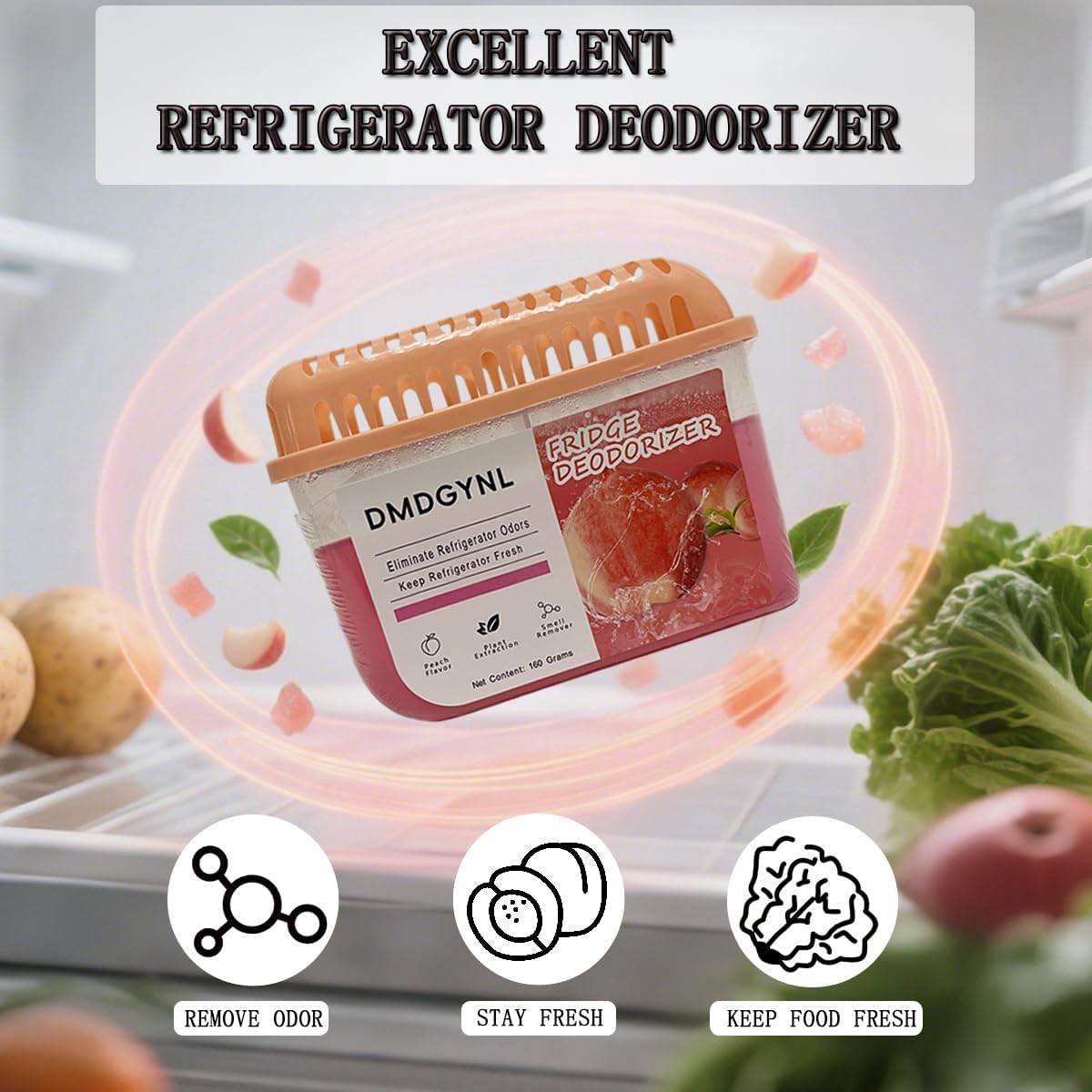 Fridge Deodorizer, Refrigerator Deodorizer More Effective Than Baking Soda, Natural Gel Refrigerator Odor Eliminator for Refrigerator Freezer and Freezer Compartments (2 Pcs/Peach Flavor)