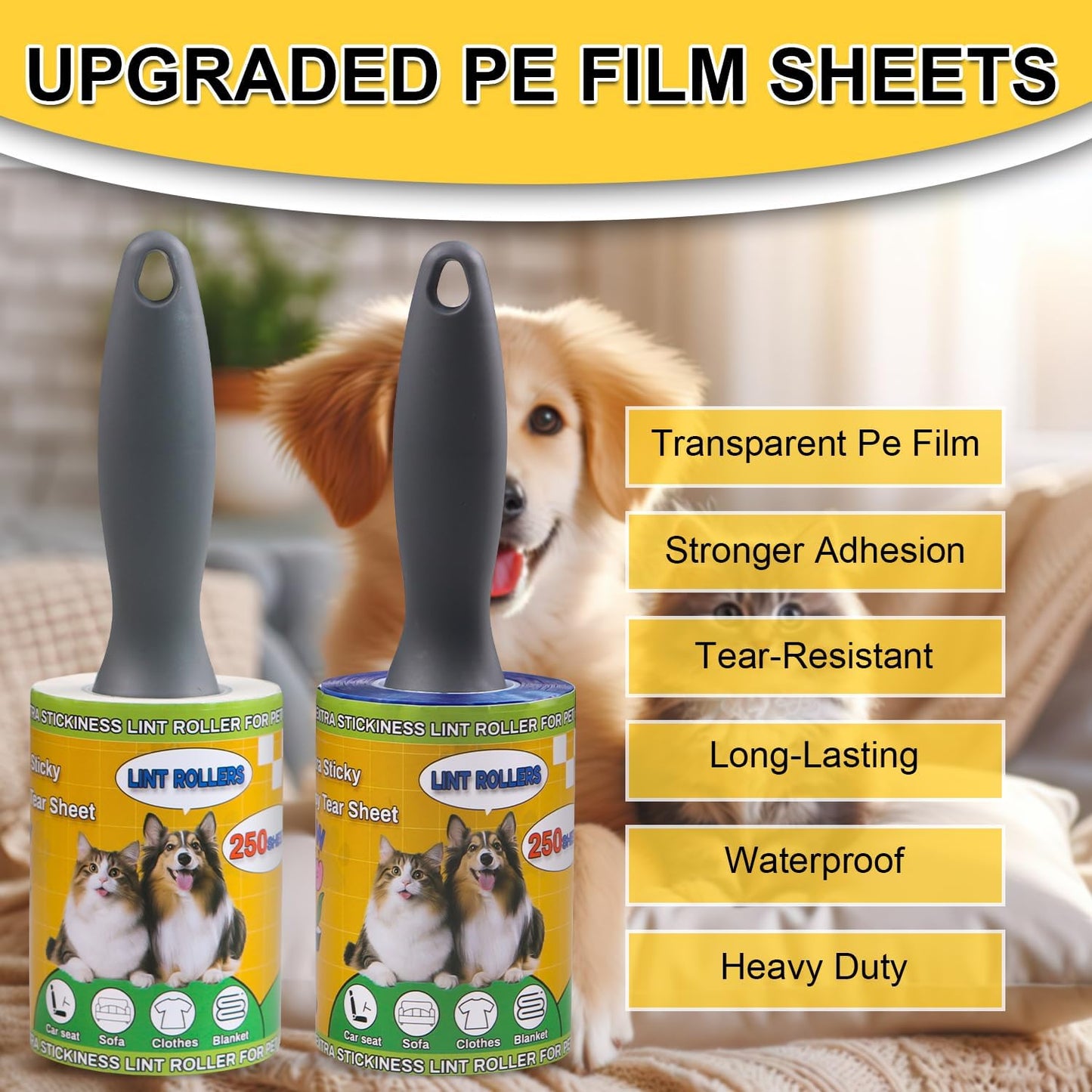 Extra Sticky Lint Rollers for Pet Hair, 250 Sheets, Lint Remover for Dog Cat Hair Removal, Animal Fur, Fuzz, Couch, Clothes Furniture and Carpet Travel-Friendly Grip Handle(1, Blue)