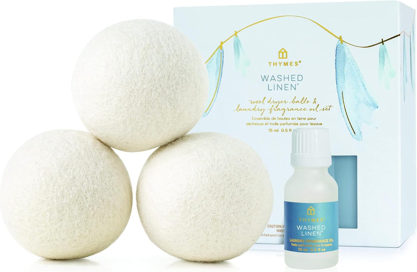 Thymes Wool Dryer Balls Set – Includes 3 Wool Laundry Balls + 1 Scented Laundry Fragrance Oil for Dryer – Eliminate Wrinkles, Static & Lint (Washed Linen, 0.5 fl oz)
