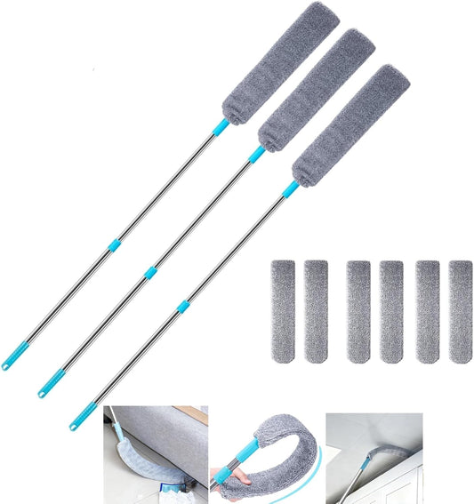 Saker Plus Retractable Gap Dust Cleaning Artifact, Saker Plus Flat Duster for Under Furniture, Reusable Washable Bendable Dusting Wand with Microfiber Dusting Cloths (3PCS)