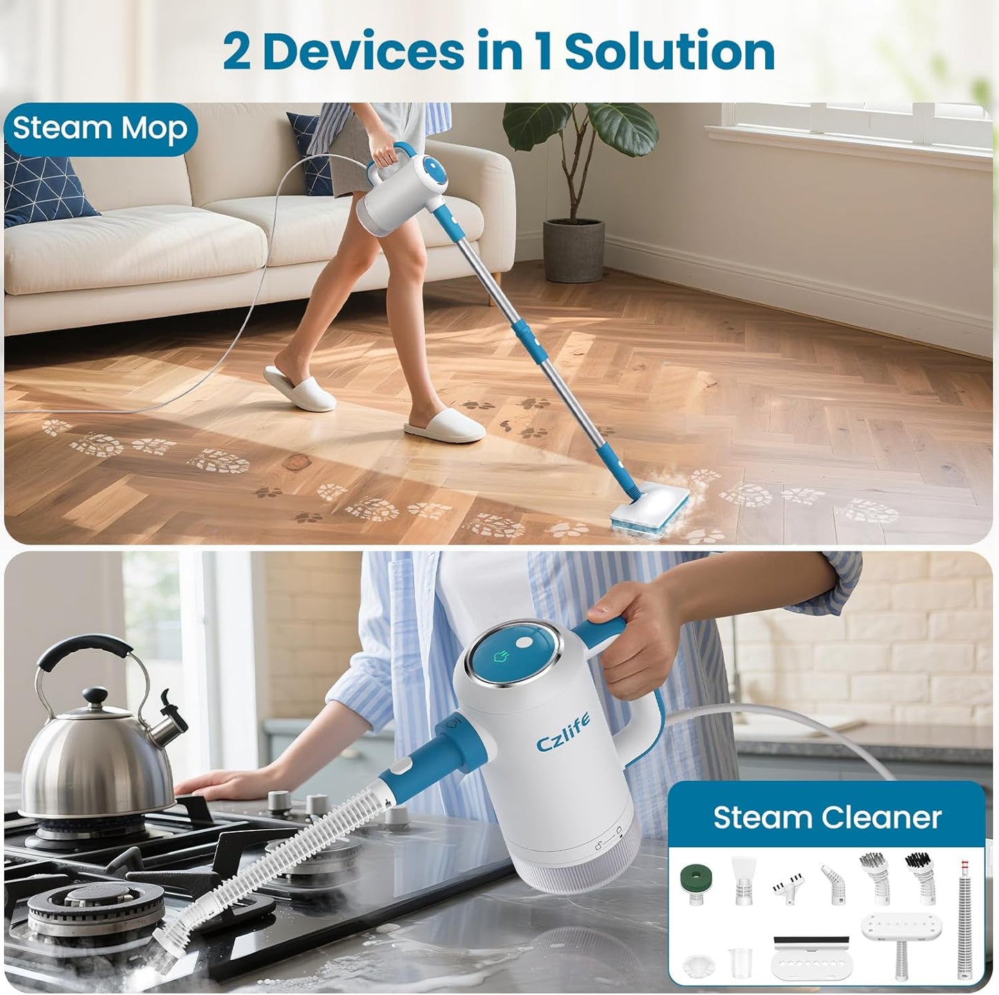 13-in-1 Steam Mop, Handheld Steam Cleaner for Home and Floor Cleaning, Floor Steamers for Hardwood and Tile with Attachments, Electric Mop for Grout Laminate Couch Clothes Carpet, Corded