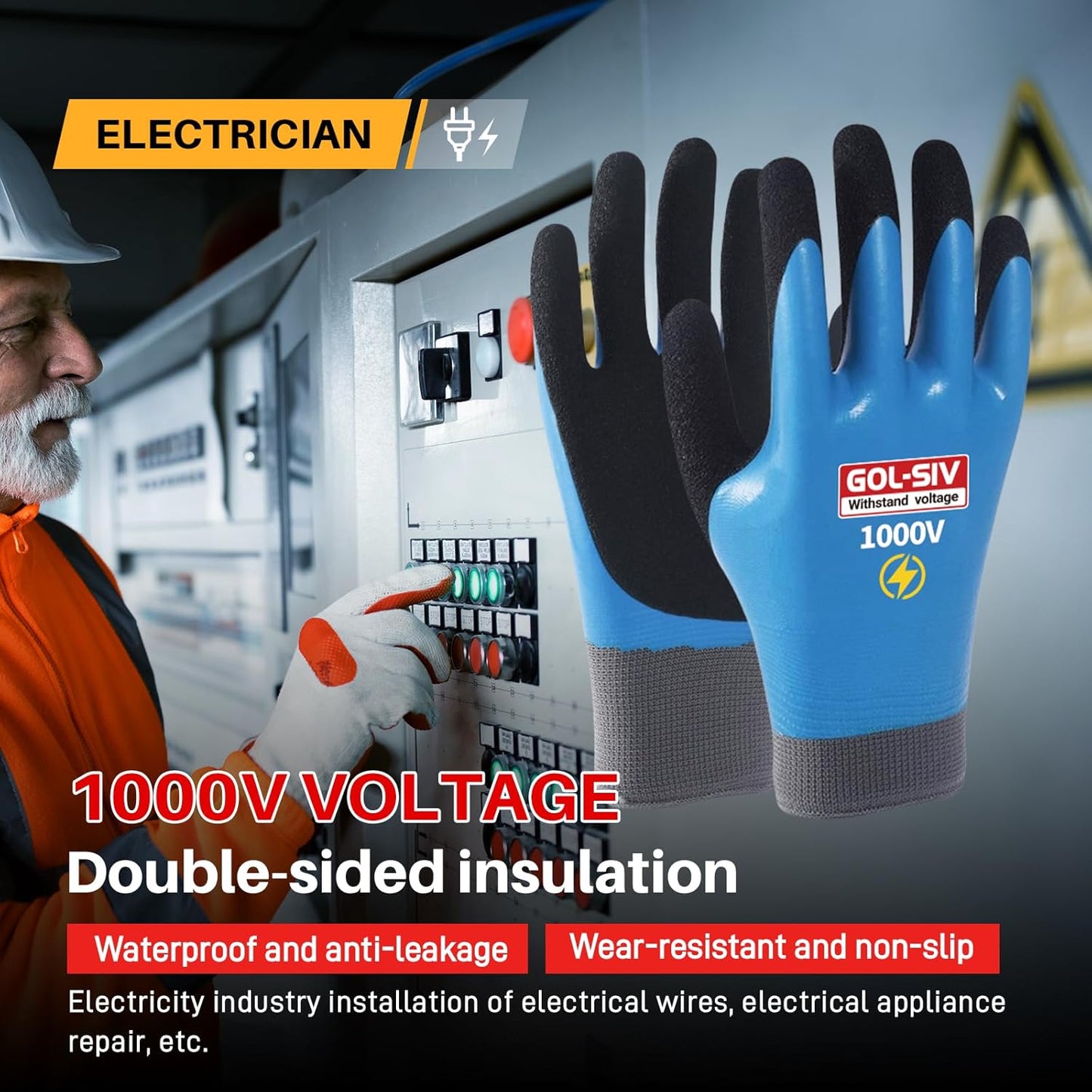 Electrician Gloves 1000V High Voltage,Double Insulated Electrical Gloves For Men,Rubber Safety Work Gloves (Blue,Large)
