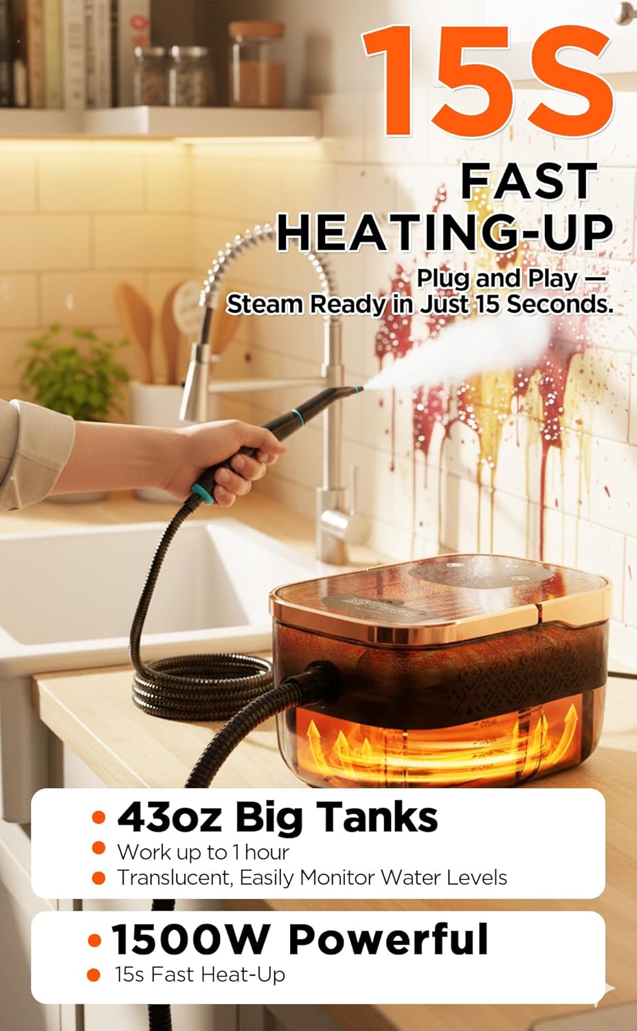 Steam Cleaner, 4 Bar High Pressure Steamer, 15s Fast Heat-Up, 6 Level Adjustable Steam, 43oz Large Capacity, with 20 Pcs Accessories, 1500W Portable Handheld Steam Cleaner for Home, Floor, Wall, Car