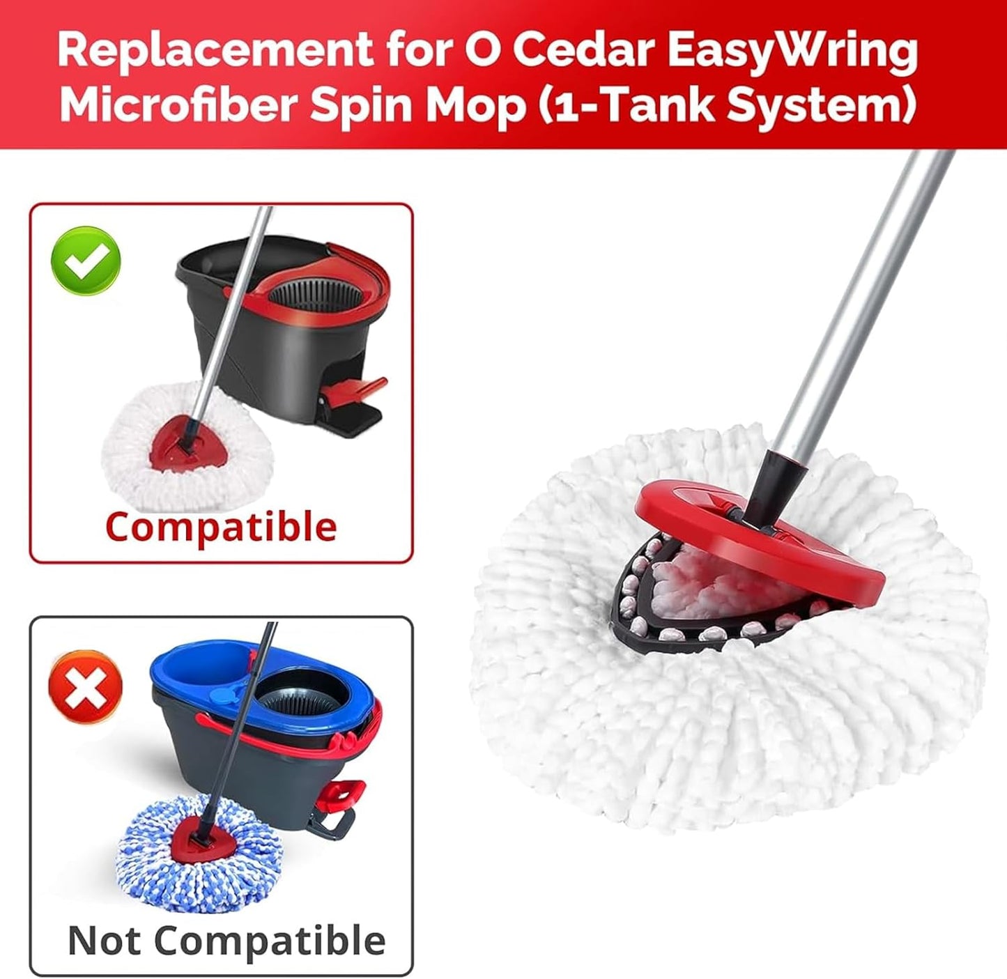 Spin Mop Head, Base, Handle Replacement for O-Ceda EasyWring 1 Tank System,4 Microfiber Mop Refills, 1 Base and 30-58in Handl Set Combo (White 1 Tank System)