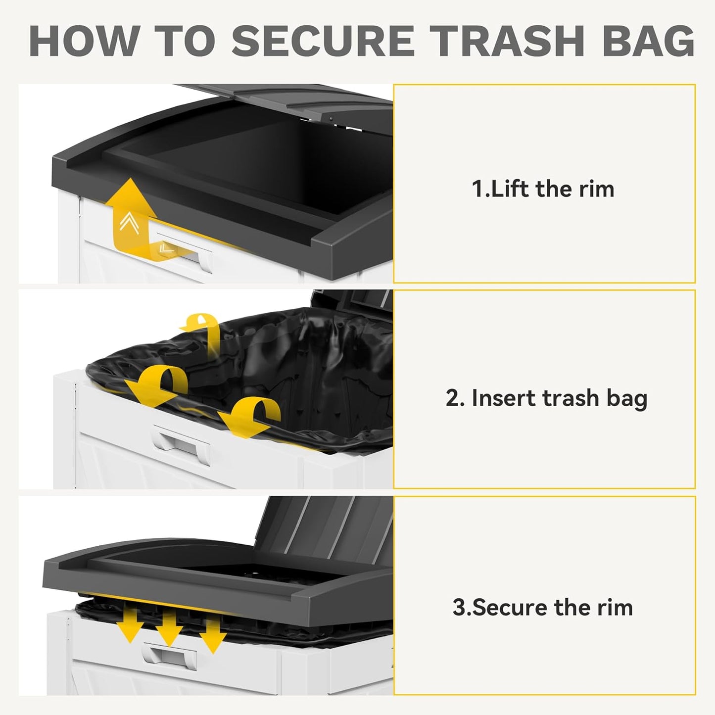 DWVO 36-Gallon Outdoor Trash Can with Fabric Bag, Tiered Lid & Drip Tray, Waterproof Resin Garbage Bin for Patio, Deck, and Backyard, White & Black