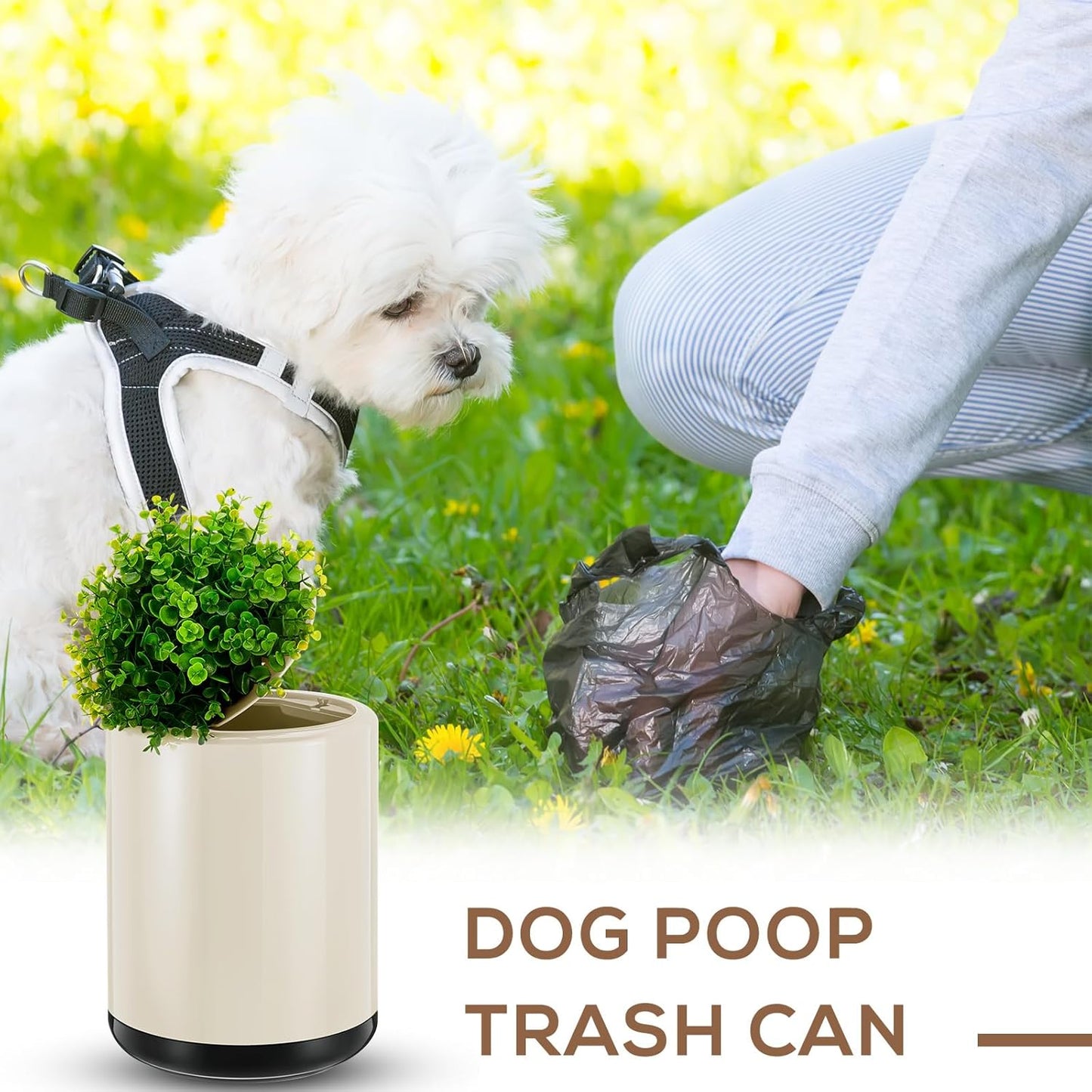 Dog Poop Trash Can Outside 13 L/ 3. 4 Gal Dog Waste Trash Can with Lid, Plant-Styled, Double-Layer Design, Outdoor Garbage Container for Front Porch Backyard Office Patio(White)