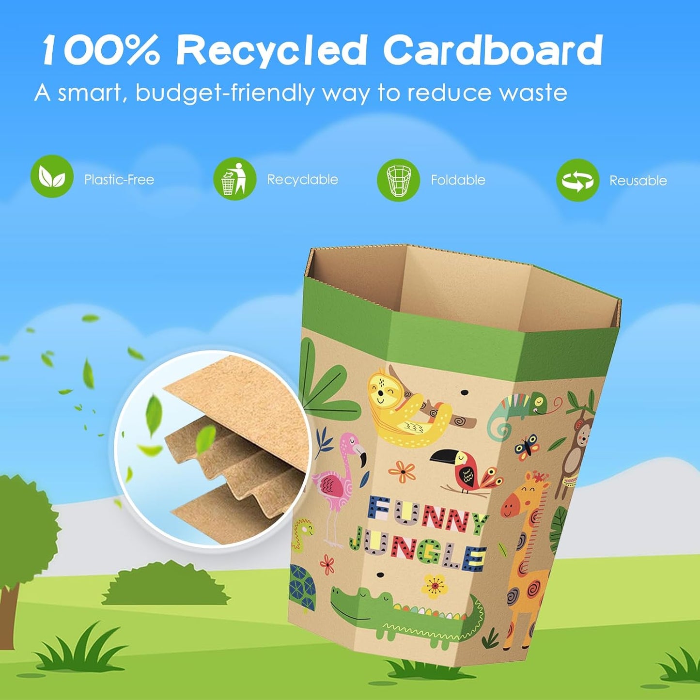 6-Pack Cardboard Trash Can – Foldable, Recyclable, Plastic-Free & Reusable Small Waste Paper Basket for Kids - Garbage Bin Perfect for Bedrooms, Playrooms, Children's Room & Outdoor (3.2 Gallon)