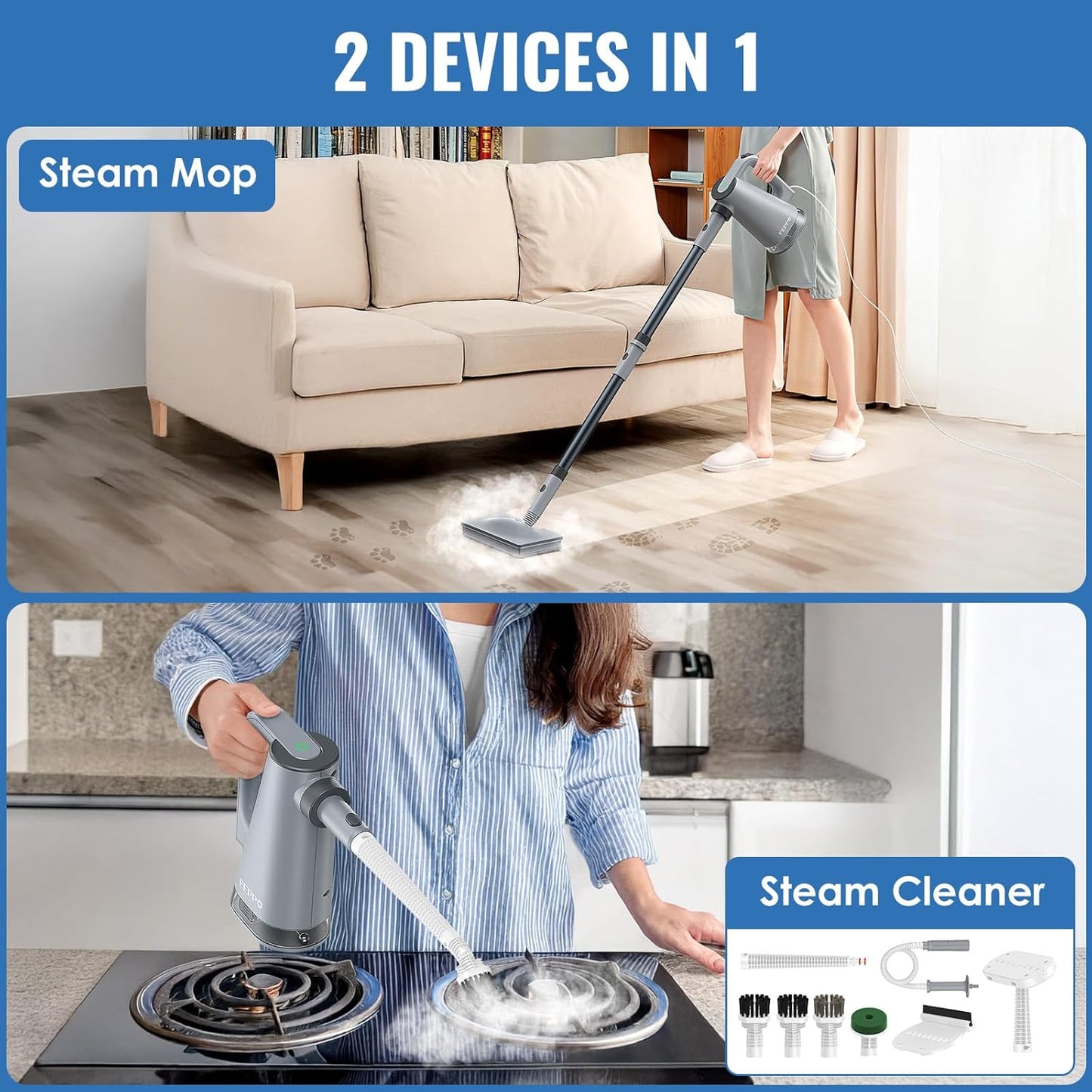 FEPPO Steam Mop with Detachable Handheld Steam Cleaner for Home and Floor Cleaning, 10-in-1 Multi-purpose Attachments & 2 Pads, Powerful Steamer for Floors, Hardwood, Tiles,Grout,Windows,Kitchen,Bath