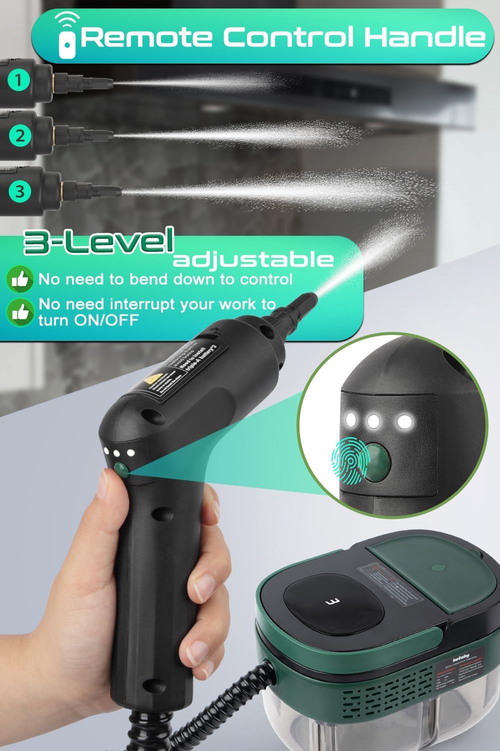 Handheld Steam Cleaner with Handle Control, 1.6L Large Water Tank, 3-Level Adjustable, Thickened Hose, Portable Steam Cleaner, High Temperature Pressurized Steamer for Home, Kitchen, Car (Dark Green)