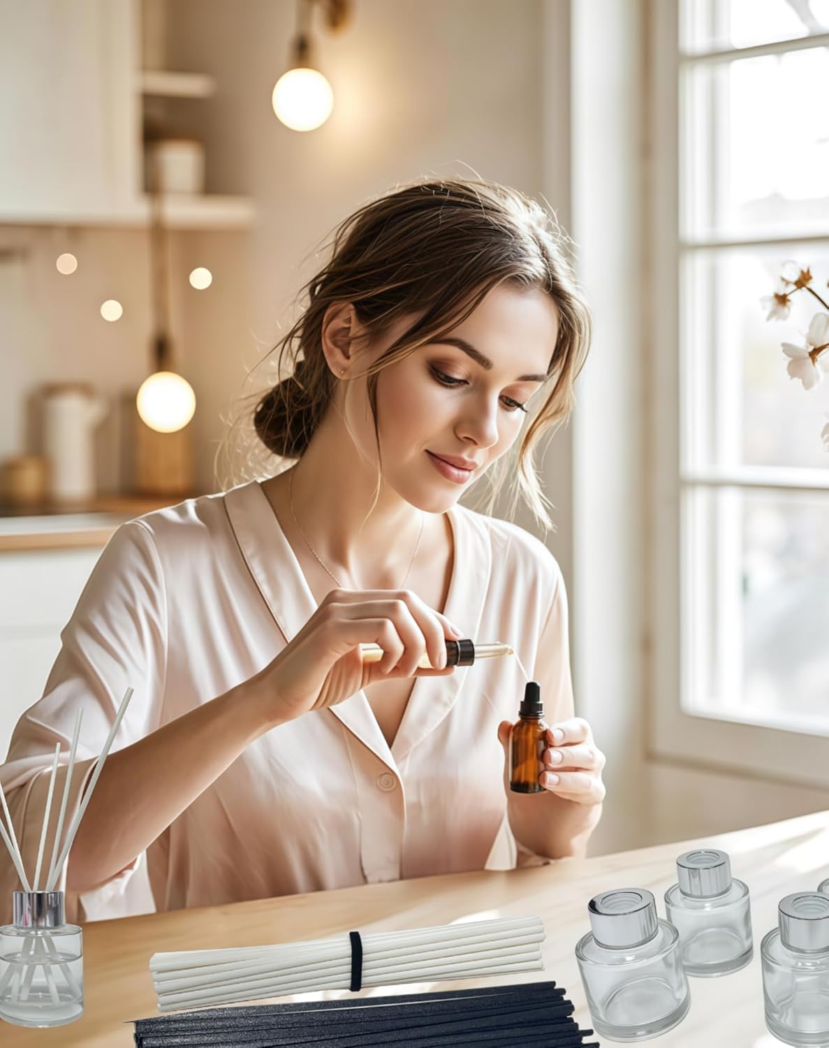 4PCS Reed Diffuser Bottles Empty, 20Pcs Reed Diffuser Stick, Diffuser Bottle Capacity 50ml (1.7oz) Diffuser Stick 3.5mm-190mm, Suitable for Home, Hotel, Restaurant, Office Aromatherapy Tasks