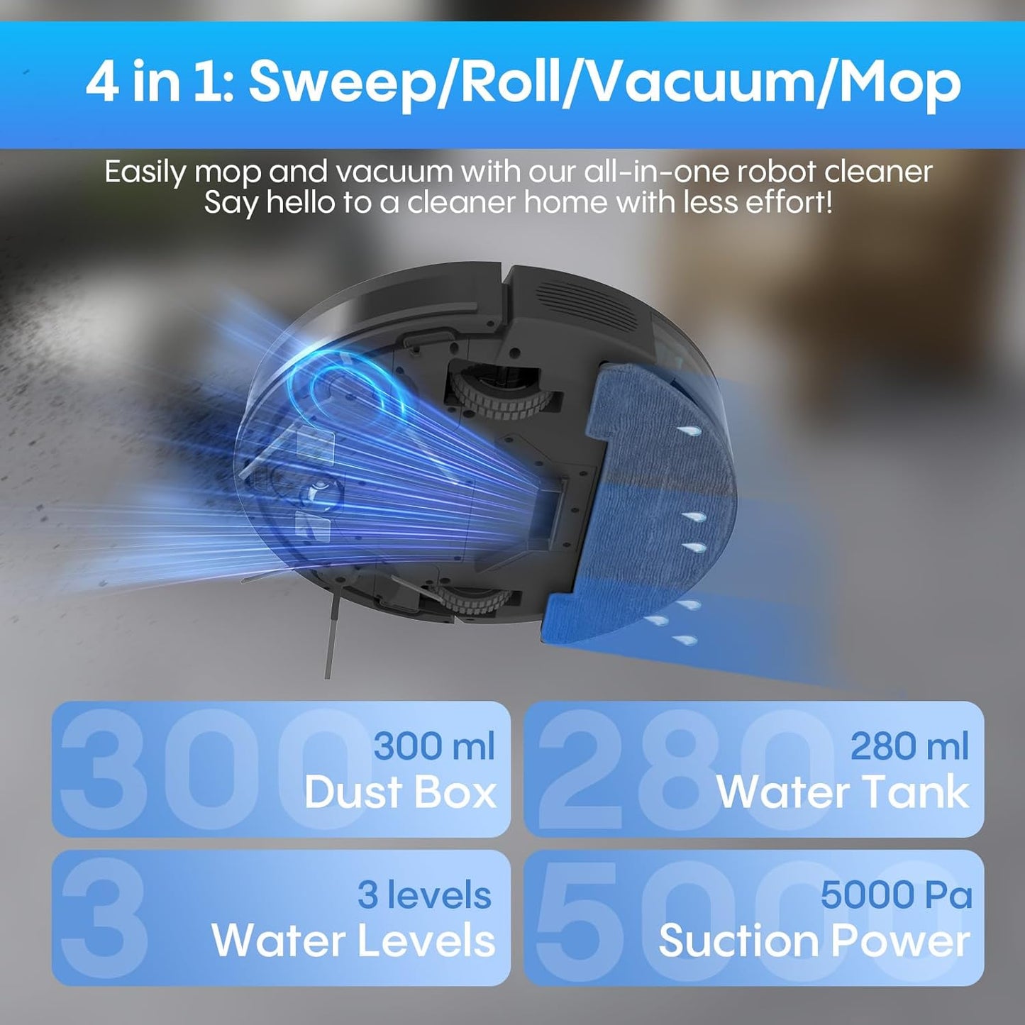 Bagotte Robot Vacuum and Mop with 5000Pa, Robot Vacuum Cleaner with Schedule, 4 in 1 Robotic Vacuum Cleaner,Ultra Slim,Self-Charging,Wi-Fi/Voice/App, Perfect for Pet, Hard Floors, Carpet