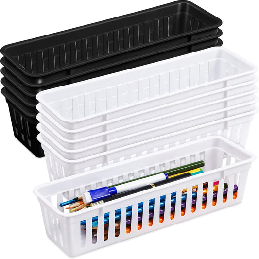 Domensi 12 Pack Slim Plastic Storage Baskets Tray for Organizing 10.25x3.25x2.5 Inch Small Narrow Storage Bins Stackable Drawer Pencil Trays Holder for Desk Garage Cabinet Container (White, Black)