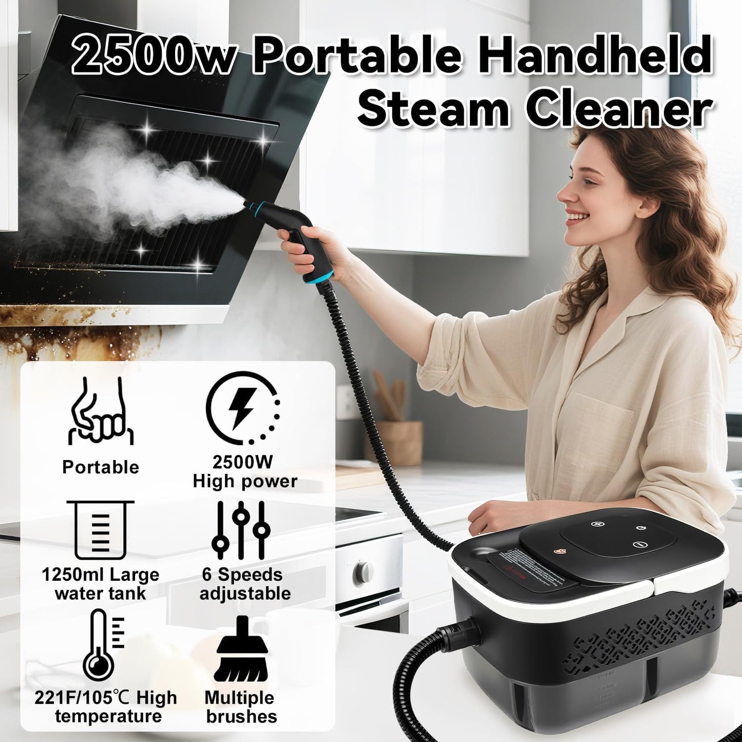 Steam Cleaner for Home, 2500W Portable Handheld Steamer for Cleaning, Large Capacity Tank Pressurized Steam Cleaning Machine for Car, Bathroom, Kitchen, Furniture, Grout, Floor, Tile