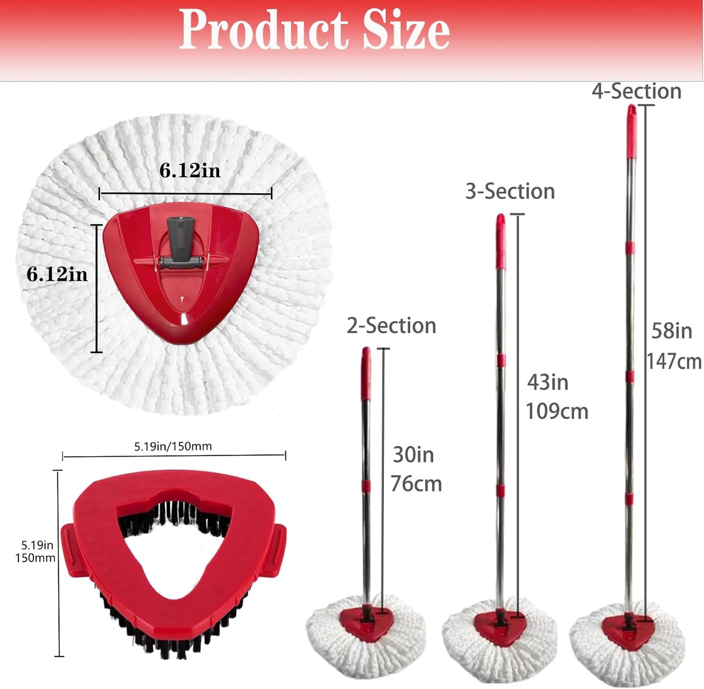 Spin Mop Replacement Head Mop Replace Head Compatible with O Cedar EasyWring Spin Mop - 4 O-Ceda Mop Refills、30-58in Mop Handle and 1 Mop Base and 1 Mop Base Scrub Brush Combo Set