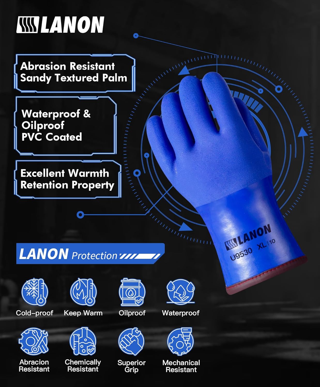 LANON PVC Coated Cold Proof Heavy Duty Gloves, Waterproof Warm Work Gloves for Freezer Work, Chemical & Oil Resistant, Non-Slip, Large (Pack of 2)