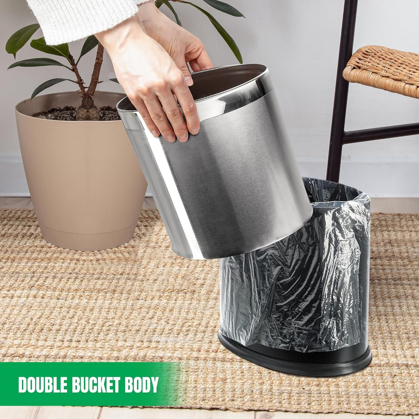 'Invisi-Overlap' Open Top Stainless Steel Trash Can, Small Office Wastebasket, Modern Home Décor, Oval Shape