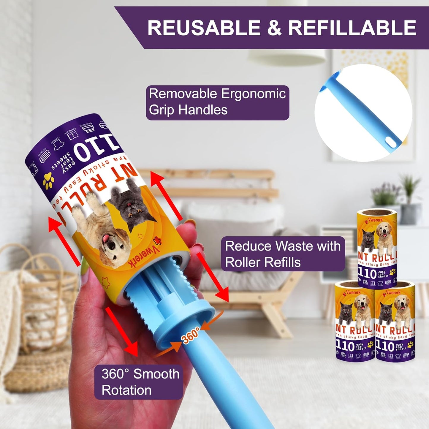 Lint Rollers for Pet Hair Extra Sticky, 220 Sheets/2 Lint Roller Refills with 1 Durable Handles, Pet Hair Roller for Clothes, Furniture, Carpet