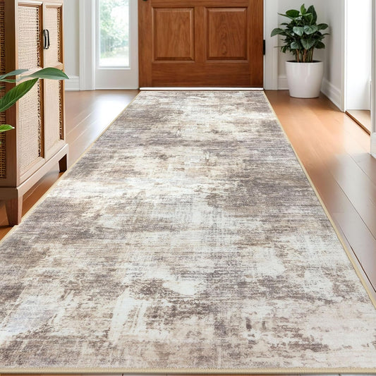 IOHOUZE Abstract Runner Rug 3x8 Ft Washable Runners for Hallways, Non Slip Kitchen Runner Printed Faux Wool Entryway Runner Indoor, Modern Abstract Floor Carpet for Hall Kitchen Bedroom, Beige Brown