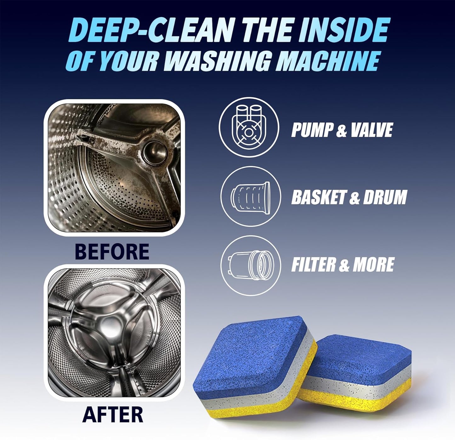 Washing Machine Cleaner Tablets 14 Pack for HE Front Load - Eco Friendly Washer Cleaning Tablets Formula - Pets Hair & Smell Solution - Septic Safe Descale Deodorize Protect - 1 Plus Year Supply