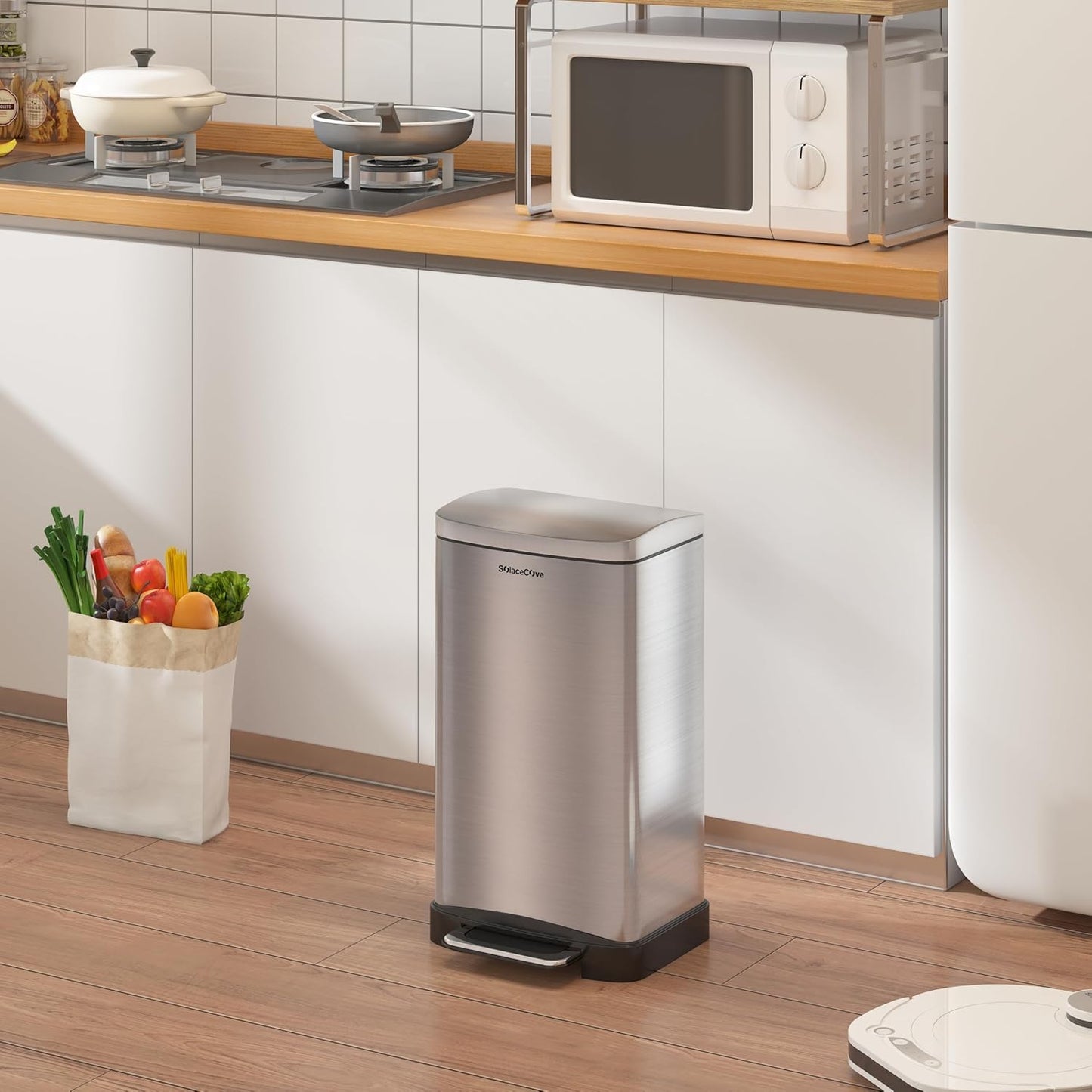 30 Liter/8 Gallon Step Trash Can with Inner Liner,Large Step Trash Bin with Silent Close Lid,Fingerprint Resistant Finish(Brushed Gray)