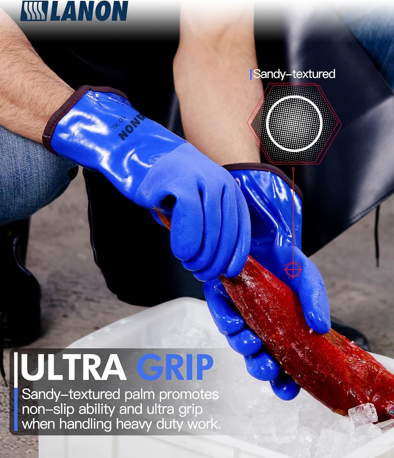 LANON PVC Coated Cold Proof Heavy Duty Gloves, Waterproof Warm Work Gloves for Freezer Work, Chemical & Oil Resistant, Non-Slip, Large (Pack of 2)