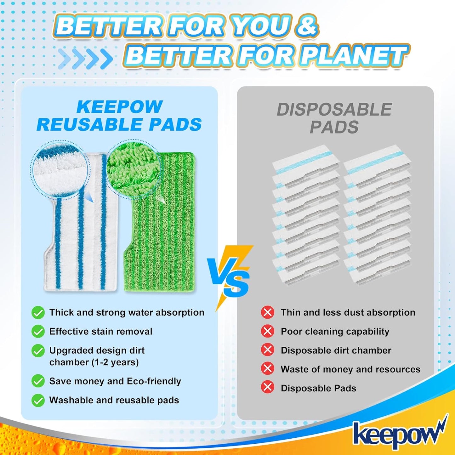 KEEPOW Reusable Mop Replacement Pads Compatible with Shark Vac Mop VM252 VM200 VC205 VM250 /QM250 VM190 VM200P12, Washable Vacuum Mop Pad Refills, Upgraded Design of Dirt Chamber (1+2+2+2 Pads)