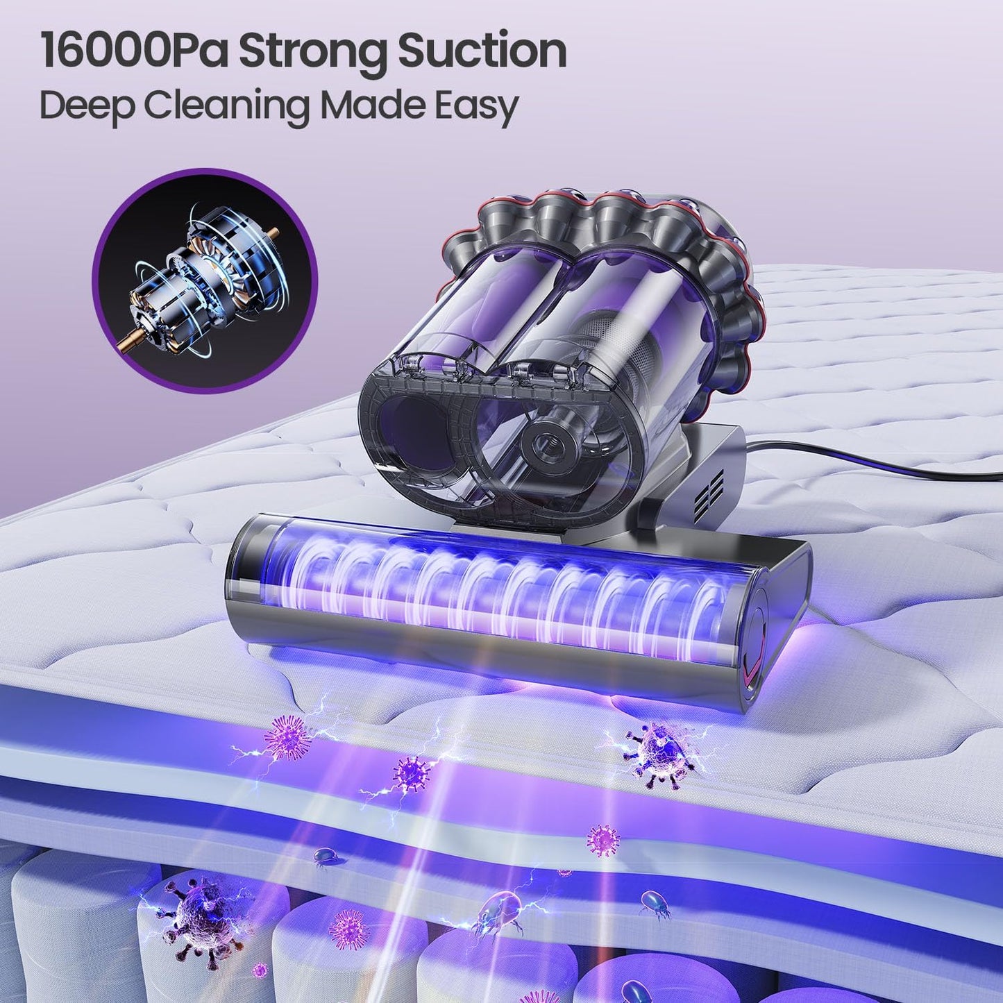 Xlife Mattress Vacuum Cleaner with UV-C Light, 140F° Heating, 550W 16KPA Suction, HEPA Filter for Deep Cleaning Bed, Sofa, Pillow, Baby Crib（Corded）