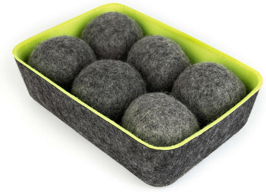 Three by Three Seattle Felt·Like·it!™ Wool Dryer Balls + Storage Bin: Reduce Drying Time, Static Cling, and Energy Use | Natural Alternative to Fabric Softeners (Pack of 6)
