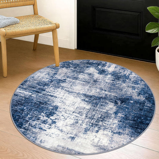 IOHOUZE Round Area Rug 3 Ft Circle Entryway Rugs Round Washable Door Mat Indoor Entrance, Non Slip Circle Front Door Rug, Printed Abstract Faux Wool Floor Carpet for Foyer Porch Sink, Navy/Grey