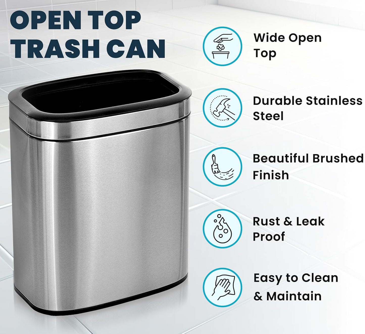 Alpine Stainless Steel Open Top Trash Can 5 Gallon - 20L Garbage Can for Kitchen, Bathroom, Office & More with Removable Bin, Brushed Nickel Finish, Space-Saving Slim Modern Design