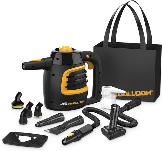 McCulloch MC1230 Handheld Steam Cleaner, 10 Minute Runtime, 11 Accessories: Jet Nozzle, Brushes, & More - Built for Home, Tile, Grout, Carpet, Furniture, & Personal Car Detailing