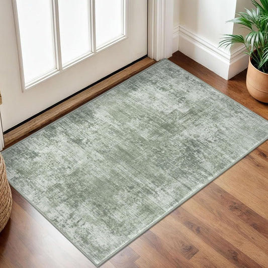 IOHOUZE Small Abstract Area Rug 2x3 Ft Entryway Rugs Washable Door Mat Indoor Entrance, Rubber Backed Throw Rugs, Printed Faux Wool Non Slip Floor Carpet for Foyer Front Door Sink, Sage Green
