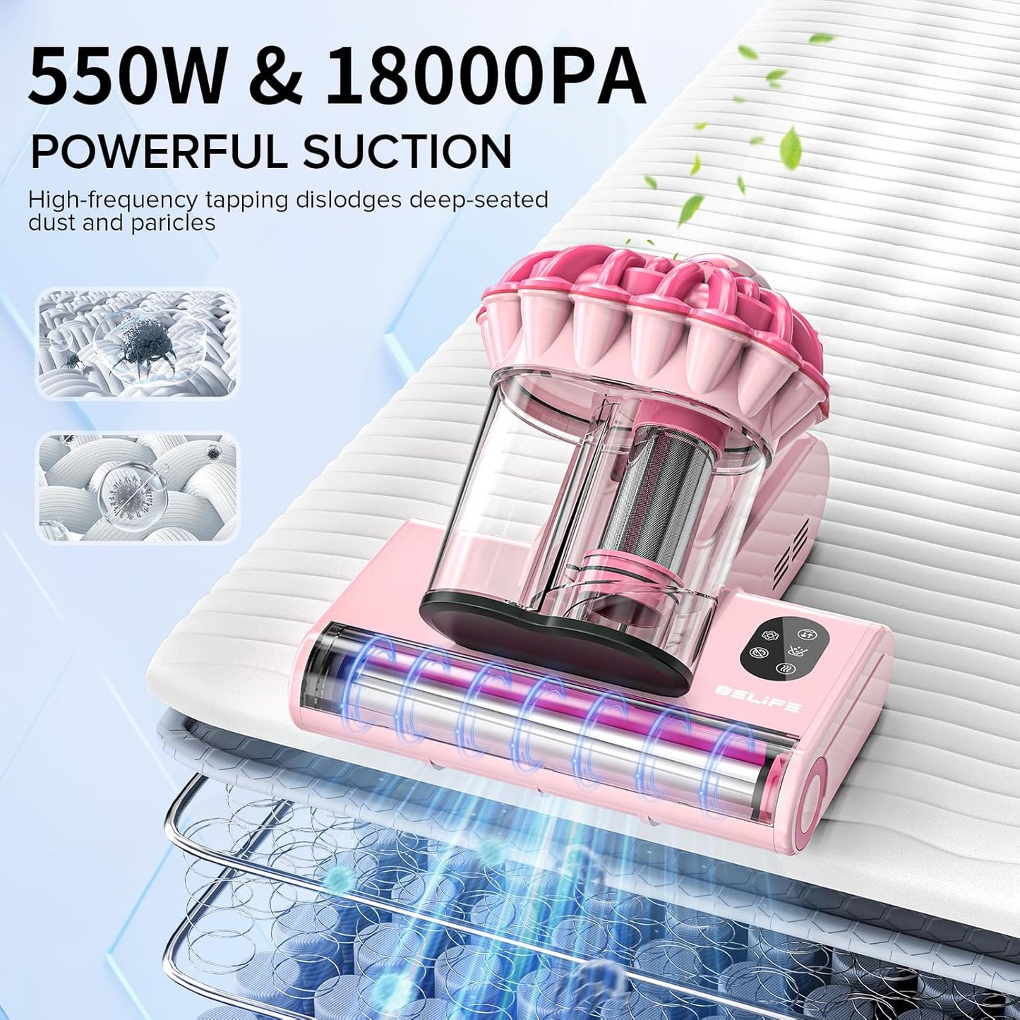 Belife M8 Mattress Vacuum Cleaner, 18Kpa Bed Vacuum Cleaner with UV & Hot Air & High Heating, 550W Powerful Suction Double-Cup Handheld Vacuum Sofa Couch Cleaner for Dust Pillow Crib Pet Hair, Corded