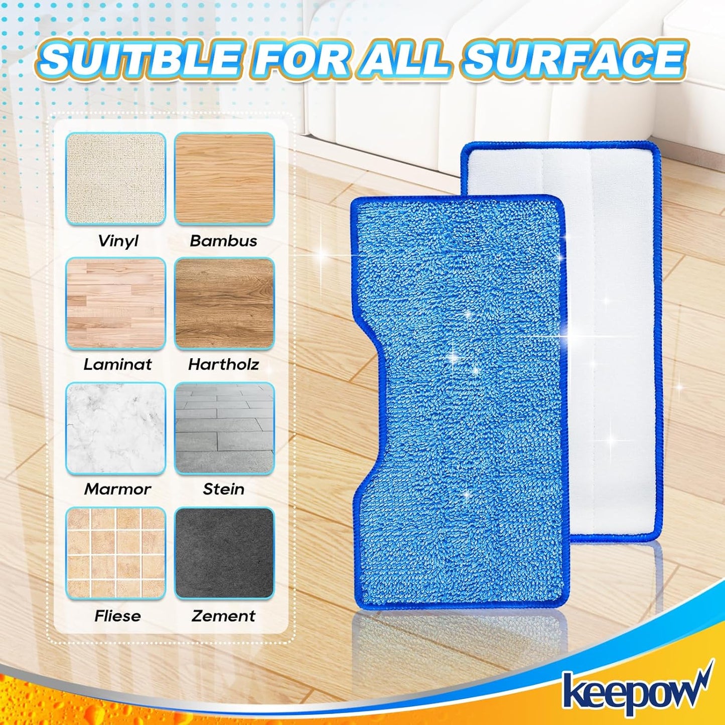 KEEPOW Reusable Mop Pads Refills, Replacement Pads Compatible with Shark Vac Mop VM252 VM200 VC205 VM250 /QM250 VM190, Hardwood Floor Mop Pad with Upgraded Dirt Chamber, Blue (1+2+3 Pads)