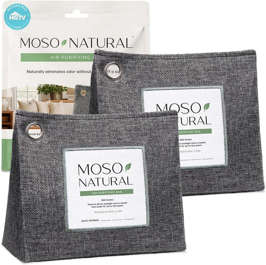 Moso Natural Air Purifying Bag 600g, Premium Bamboo Charcoal Odor Absorber, Room Deodorizer for Large Spaces, Bedroom, Kitchen, Basement, Pet Odor Eliminator for Home, 21oz Charcoal Bags (2 Pack)
