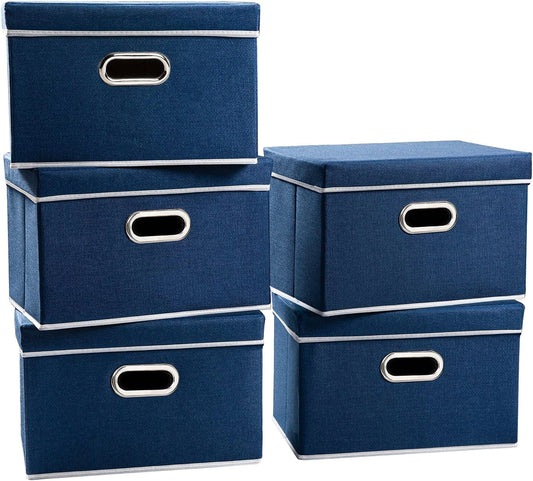 PRANDOM Foldable Storage Bin with Lid [5-Pack] Linen Fabric Decorative Storage Box Organizer Container Basket Cube with Handles Divider for Closet Office Living Room Royal Blue(14.9x9.8x9.8)